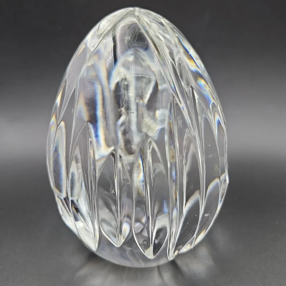 Vintage Cut Lead Crystal Egg Paperweight Vertical Ribbed Starburst Base 4.5